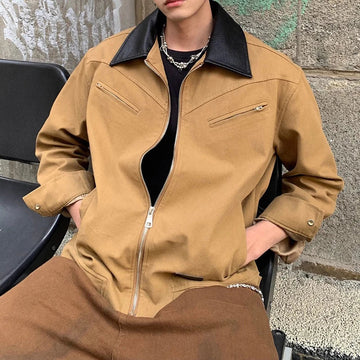AIDASE  -  Fashion Male Jacket Patchwork Leather Contrast Color Design Long Sleeve Turn-down Collar Men Coats 2025 New Clothes 21E7564 aidase-shop